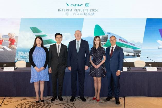 HONG KONG-BUSINESS CATHAY-RESULTS (L-R) Chief Financial Officer Rebecca Sharpe, Chief Executive Officer Ronald Lam, Chair Guy Bradley, Chief Customer and Commercial Officer Lavinia Lau, and Chief Operations and Service Delivery Officer Alex McGowan pose for a group photo during the Cathay Group 2026 interim results announcement press briefing on August 5, 2026 in Hong Kong. The group reported an attributable profit of HK$6.2 billion for the first half of 2026. (Photo by Kevin Li TMHK via Nexpher Images) Hong Kong