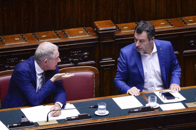 Foto IPP Marco Mattei Roma 05 08 2026 Camera dei deputati Question Time nella foto Adolfo Urso ministro delle imprese e del made in Italy con Matteo Salvini vicepresidente del Consiglio dei ministri della Repubblica Italiana e ministro delle Infrastrutture e dei Trasporti Italy Photo Press - World Copyright . *** IPP Photo by Marco Mattei, Rome, August 5, 2026. Chamber of Deputies, Question Time. Pictured: Adolfo Urso, Minister of Enterprise and Made in Italy, with Matteo Salvini, Vice President of the Council of Ministers of the Italian Republic and Minister of Infrastructure and Transportation. Italy Photo Press World Copyright 
