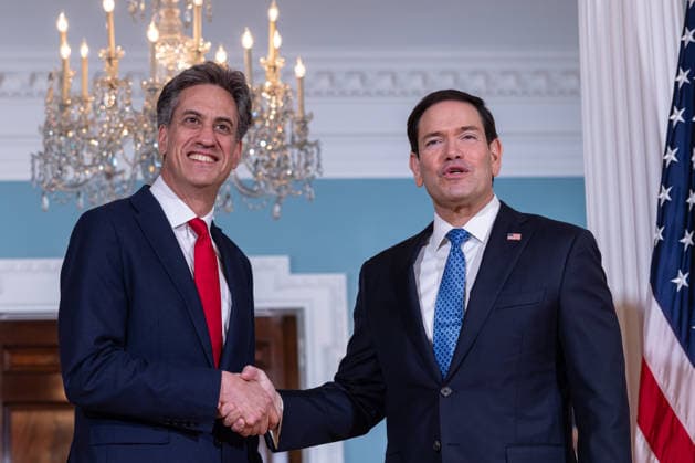 US Secretary of State Rubio meets with UK Foreign Secretary Ed Miliband WASHINGTON, D.C., UNITED STATES - AUGUST 05: U.S. Secretary of State Marco Rubio (R) greets British Foreign Secretary Ed Miliband (L) before a bilateral meeting at the U.S. Department of State in Washington, D.C., on August 5, 2026. Mehmet Eser Anadolu Washington United States. Editorial use only. Please get in touch for any other usage.  Copyright: x2026xAnadoluxMehmetxEserx