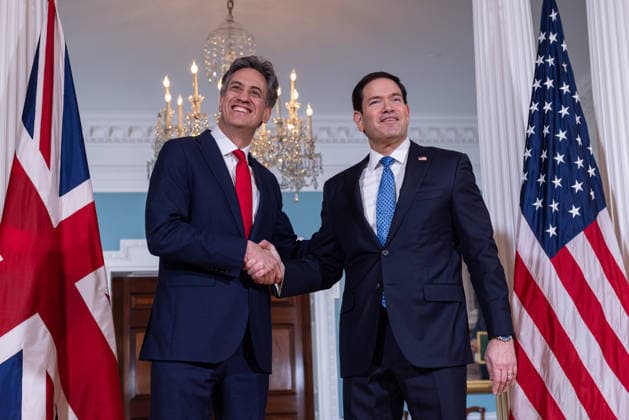 US Secretary of State Rubio meets with UK Foreign Secretary Ed Miliband WASHINGTON, D.C., UNITED STATES - AUGUST 05: U.S. Secretary of State Marco Rubio (R) greets British Foreign Secretary Ed Miliband (L) before a bilateral meeting at the U.S. Department of State in Washington, D.C., on August 5, 2026. Mehmet Eser Anadolu Washington United States. Editorial use only. Please get in touch for any other usage.  Copyright: x2026xAnadoluxMehmetxEserx