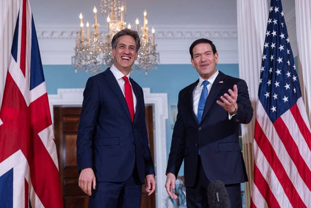 US Secretary of State Rubio meets with UK Foreign Secretary Ed Miliband WASHINGTON, D.C., UNITED STATES - AUGUST 05: U.S. Secretary of State Marco Rubio (R) greets British Foreign Secretary Ed Miliband (L) before a bilateral meeting at the U.S. Department of State in Washington, D.C., on August 5, 2026. Mehmet Eser Anadolu Washington United States. Editorial use only. Please get in touch for any other usage.  Copyright: x2026xAnadoluxMehmetxEserx