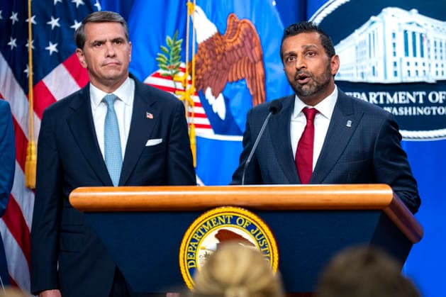 Acting Attorney General Todd Blanche looks on as Director of the Federal Bureau of Investigation (FBI) Kash Patel speaks during a press conference on the department s efforts to quell the Cartel Jalisco Nueva Generacion, or Jalisco New Generation Cartel (CJNG), a criminal group based in Mexico, at the Department of Justice headquarters in Washington, DC on Wednesday, August 5, 2026.  WAP20260805353 BONNIExCASH