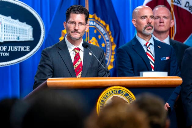 Deputy Assistant Director of the State Department s Bureau of International Narcotics and Law Enforcement Affairs Ambassador Michael Gonzales speaks during a press conference on the department s efforts to quell the Cartel Jalisco Nueva Generacion, or Jalisco New Generation Cartel (CJNG), a criminal group based in Mexico, at the Department of Justice headquarters in Washington, DC on Wednesday, August 5, 2026.  WAP20260805363 BONNIExCASH