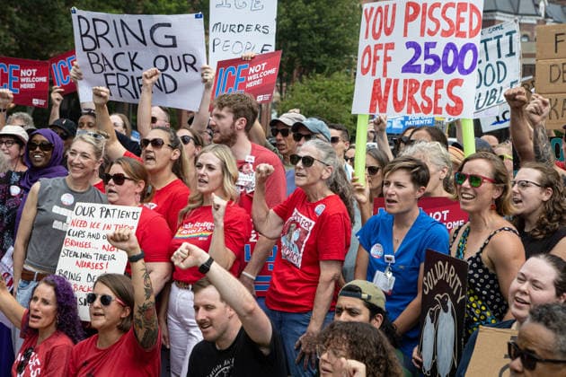 August 5, 2026, Portland, Maine, USA: Members of the Maine State Nurses Association union protest federal Immigration and Customs Enforcement (ICE) on the lawn outside Maine Medical Center, the stateÃ¢â‚¬â ¢s largest hospital, on Wednesday morning, August 5, 2026. Nurses demanded the release of colleague and medical-surgical nurse, DEBORAH KAPISHA, who was detained by federal officials at Logan Airport in Boston on July 30, 2026. Union members said KAPISHA, originally from Zambia, has federal authorization to work in Maine while awaiting the outcome of her asylum case. In addition to KAPISHAÃ¢â‚¬â ¢S release, union members demanded their employer, Maine Medical Center, take immediate steps to formally sponsor KAPISHA for permanent residency - ZUMAb349 20260805_znp_b349_001 Copyright: xTroyxR.xBennettx