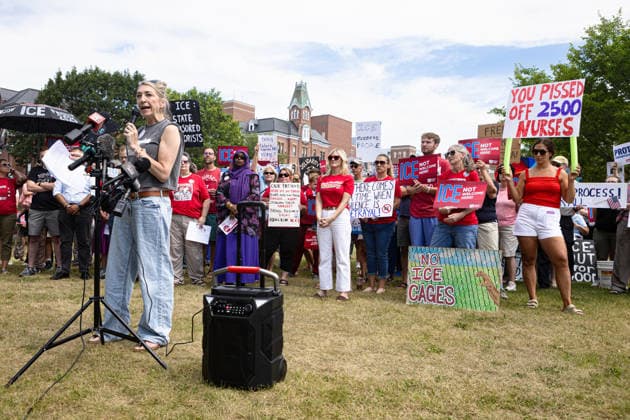 August 5, 2026, Portland, Maine, USA: Members of the Maine State Nurses Association union protest federal Immigration and Customs Enforcement (ICE) on the lawn outside Maine Medical Center, the stateÃ¢â‚¬â ¢s largest hospital, on Wednesday morning, August 5, 2026. Nurses demanded the release of colleague and medical-surgical nurse, DEBORA KAPISHA, who was detained by federal officials at Logan Airport in Boston on July 30, 2026. Union members said KAPISHA, originally from Zambia, has federal authorization to work in Maine while awaiting the outcome of her asylum case. In addition to KAPISHAÃ¢â‚¬â ¢S release, union members demanded their employer, Maine Medical Center, take immediate steps to formally sponsor KAPISHA for permanent residency.  - ZUMAb349 20260805_znp_b349_005 Copyright: xTroyxR.xBennettx