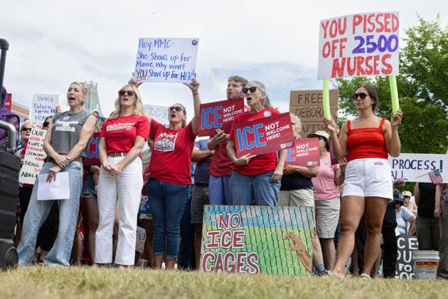 August 5, 2026, Portland, Maine, USA: Members of the Maine State Nurses Association union protest federal Immigration and Customs Enforcement (ICE) on the lawn outside Maine Medical Center, the stateÃ¢â‚¬â ¢s largest hospital, on Wednesday morning, August 5, 2026. Nurses demanded the release of colleague and medical-surgical nurse, DEBORA KAPISHA, who was detained by federal officials at Logan Airport in Boston on July 30, 2026. Union members said KAPISHA, originally from Zambia, has federal authorization to work in Maine while awaiting the outcome of her asylum case. In addition to KAPISHAÃ¢â‚¬â ¢S release, union members demanded their employer, Maine Medical Center, take immediate steps to formally sponsor KAPISHA for permanent residency. - ZUMAb349 20260805_znp_b349_012 Copyright: xTroyxR.xBennettx