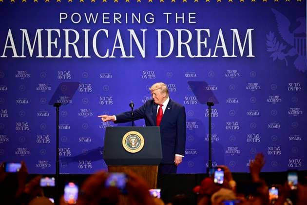 August 5, 2026, Las Vagas, Nevada, USA: LAS VEGAS, NV - AUGUST 5: U.S. President Donald J. Trump delivers remarks during an event at the Red Rock Casino Resort in Las Vegas, Nevada, United States, on August 5, 2026. During the event, Trump highlighted his administration s economic agenda, including the No Tax on Tips policy, as part of a visit to Nevada focused on service industry workers and the state s economy. Las Vagas USA - ZUMAs197 20260805_aaa_s197_052 Copyright: xWestonxHancockx