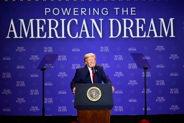 August 5, 2026, Las Vagas, Nevada, USA: LAS VEGAS, NV - AUGUST 5: U.S. President Donald J. Trump delivers remarks during an event at the Red Rock Casino Resort in Las Vegas, Nevada, United States, on August 5, 2026. During the event, Trump highlighted his administration s economic agenda, including the No Tax on Tips policy, as part of a visit to Nevada focused on service industry workers and the state s economy. Las Vagas USA - ZUMAs197 20260805_aaa_s197_054 Copyright: xWestonxHancockx
