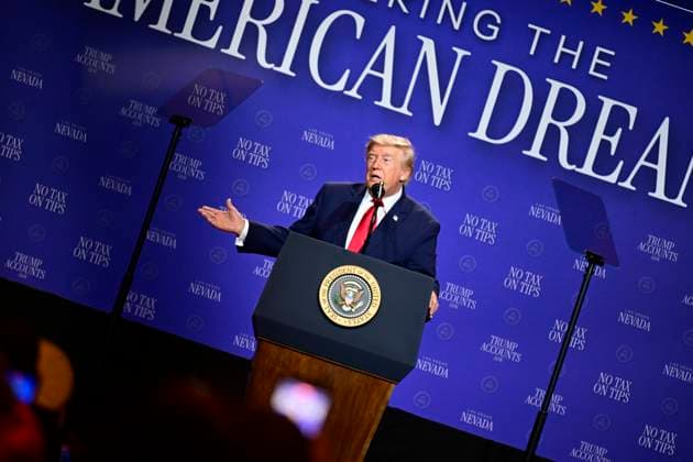 August 5, 2026, Las Vagas, Nevada, USA: LAS VEGAS, NV - AUGUST 5: U.S. President Donald J. Trump delivers remarks during an event at the Red Rock Casino Resort in Las Vegas, Nevada, United States, on August 5, 2026. During the event, Trump highlighted his administration s economic agenda, including the No Tax on Tips policy, as part of a visit to Nevada focused on service industry workers and the state s economy. Las Vagas USA - ZUMAs197 20260805_aaa_s197_059 Copyright: xWestonxHancockx