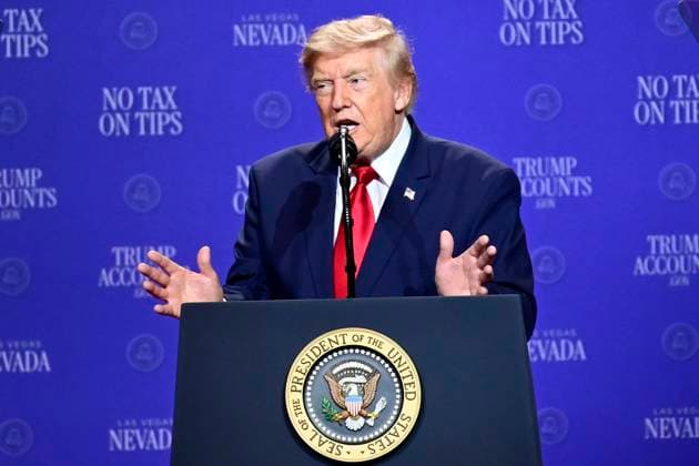 August 5, 2026, Las Vagas, Nevada, USA: LAS VEGAS, NV - AUGUST 5: U.S. President Donald J. Trump delivers remarks during an event at the Red Rock Casino Resort in Las Vegas, Nevada, United States, on August 5, 2026. During the event, Trump highlighted his administration s economic agenda, including the No Tax on Tips policy, as part of a visit to Nevada focused on service industry workers and the state s economy. Las Vagas USA - ZUMAs197 20260805_aaa_s197_064 Copyright: xWestonxHancockx