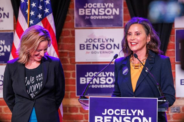 August 5, 2026, Lansing, Michigan, USA: Michigan Gov. GRETCHEN WHITMER, right, endorses Democratic Party gubernatorial nominee JOCELYN BENSON, left, during a campaign event in Lansing, Mich., on Aug. 5, 2026. Lansing USA - ZUMAr192 20260805_znp_r192_044 Copyright: xAndrewxRothx