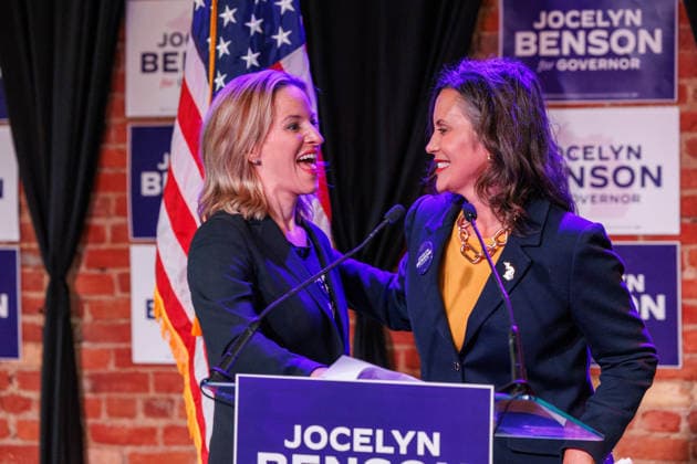 August 5, 2026, Lansing, Michigan, USA: Michigan Gov. GRETCHEN WHITMER, right, endorses Democratic Party gubernatorial nominee JOCELYN BENSON, left, during a campaign event in Lansing, Mich., on Aug. 5, 2026. Lansing USA - ZUMAr192 20260805_znp_r192_049 Copyright: xAndrewxRothx