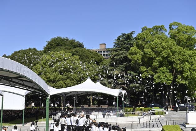 Japan marks 81st anniversary of the atomic bombing of Hiroshima HIROSHIMA, JAPAN - AUGUST 6 : Doves are released as a symbol of peace during the Hiroshima Peace Memorial Ceremony at Peace Memorial Park in Hiroshima, Japan, on August 6, 2026. Japan marks the 81st anniversary of the atomic bombing of Hiroshima. David Mareuil Anadolu Hiroshima Japan. Editorial use only. Please get in touch for any other usage.  Copyright: x2026xAnadoluxDavidxMareuilx