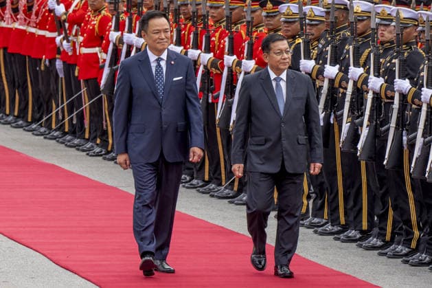 Myanmar President Hlaing meets with Thai Prime Minister Charnvirakul in Thailand BANGKOK, THAILAND - AUGUST 6: Myanmar President Min Aung Hlaing (R) is welcomed by Thai Prime Minister Anutin Charnvirakul (L) with an official ceremony at Government House in Bangkok, Thailand, August 6, 2026. As part of Myanmar President Min Aung Hlaing’s first official visit to Thailand since taking office following the April 2026 elections, the two leaders held bilateral talks focusing on cooperation between the two countries as well as regional issues during the official visit. The trip marks Min Aung Hlaing s first official visit to Thailand since assuming the presidency after the April 2026 election. Adryel Talamantes Anadolu Bangok Thailand. Editorial  Copyright: x2026xAnadoluxAdryelxTalamantesx