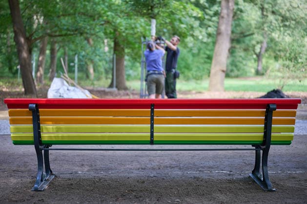 News Bilder des Tages Nach der Attacke auf den Berliner Christopher Street Day (CSD) wird am Donnerstag (06.08.2026) im Tiergarten ein neuer Baum am Anschlagsort gepflanzt. Ein franzoesischer Ahorn ersetzt den Baum, der infolge des Anschlags gefaellt wurde. Neben dem Baum stellt das Bezirksamt eine Bank in den Farben des Regenbogens auf (Foto). Diese soll zum Innehalten, Verweilen und zur stillen Anteilnahme einladen und Solidaritaet mit der queeren Community zum Ausdruck bringen. (Siehe epd-Meldung vom 06.08.2026) EDITORIAL USE ONLY *** Following the attack on Berlin’s Christopher Street Day (CSD), a new tree will be planted on Thursday, August 6, 2026, at the site of the attack in Tiergarten. A French maple will replace the tree which was felled as a result of Copyright: epd-bild ChristianxDitsch D26D0806CSDAnschlagGedenkort121150