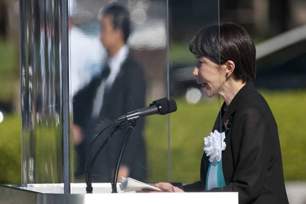 Japan s Prime Minister Sanae Takaichi delivers speech during the ceremony for the atomic bomb victims at Hiroshima Peace Memorial Park marking the 81th anniversary of the atomic bombing of Hiroshima, Japan on Thursday, August 6, 2026.  TKP2026080606 KEIZOxMORI
