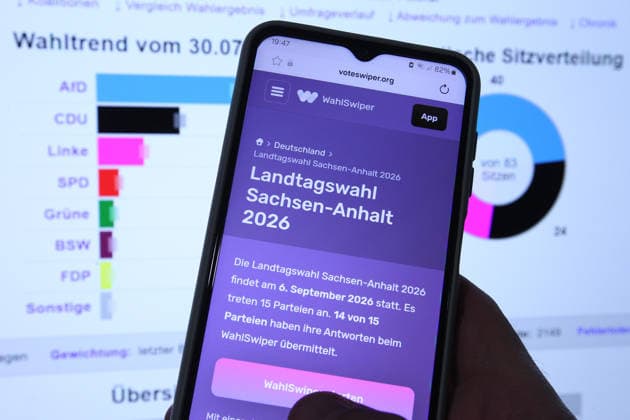 Auf einem Smartphone wurde der WahlSwiper zur Landtagswahl Sachsen-Anhalt geöffnet. Dahinter wurde auf einem Laptop die aktuelle Umfrage zur Landtagswahl in Sachsen-Anhalt geöffnet. Symbolbild Symbolfoto. Niendorf Hamburg *** The WahlSwiper app was opened on a smartphone to view the Saxony-Anhalt state election results. In the background, the latest poll on the Saxony-Anhalt state election was open on a laptop. Stock image. Stock photo. Niendorf, Hamburg