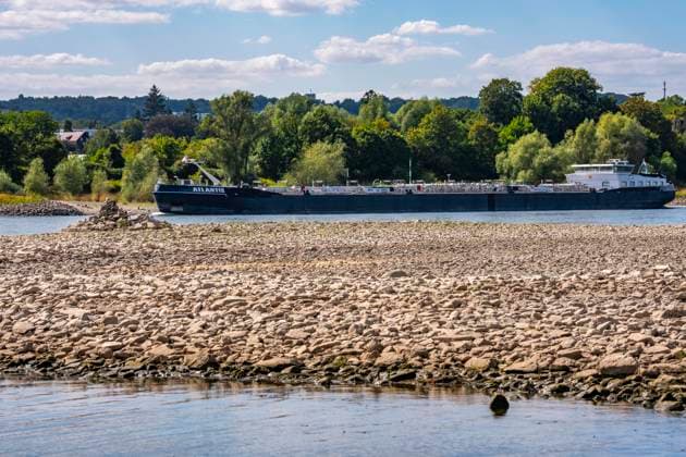 Niedrigwasser im Rhein, Sandbänke, am rechtsrheinischen Ufer bei Bad Honnef, kaum Schiffsverkehr, Frachter dürfen nur mit stark reduzierter Ladung und verringerter Geschwindigkeit fahren, NRW, Deutschland, Rhein Niedrigwasser *** Low water levels in the Rhine, sandbars, on the right bank of the Rhine near Bad Honnef, hardly any boat traffic; freighters are only allowed to sail with significantly reduced cargo and at reduced speed, North Rhine-Westphalia, Germany, Rhine low water levels