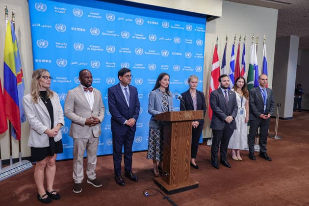 August 6, 2026, New York, New York, United States: DENMARKÃ¢â‚¬â ¢S Permanent Representative to the United Nations, CHRISTINA MARKUS LASSEN, briefs journalists at the Security Council stakeout at UN Headquarters in New York during DenmarkÃ¢â‚¬â ¢s presidency of the Security Council. The briefing focused on Women, Peace and Security and was joined by representatives of COLOMBIA, FRANCE, GREECE, LATVIA, LIBERIA, PANAMA and the UNITED KINGDOM, highlighting the cross-regional support for the agenda and upcoming Council discussions. New York United States - ZUMAo116 20260806_znp_o116_002 Copyright: xBiancaxOterox