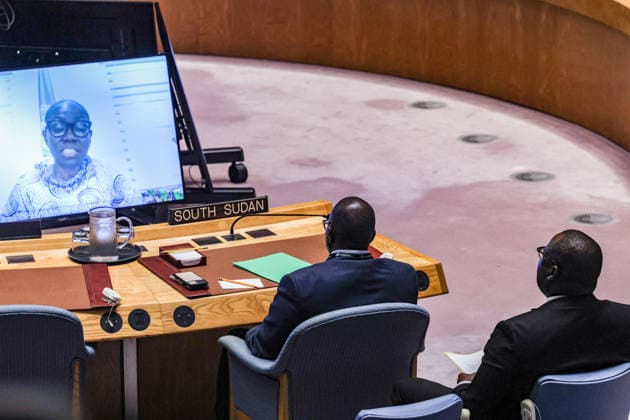 August 6, 2026, New York, New York, United States: (UNMISS), appears on screen as she briefs the United Nations Security Council on the situation in South Sudan at UN Headquarters in New York. Gbeho updated Council members on political and security developments, preparations for elections, protection of civilians and implementation of the Revitalized Peace Agreement. New York United States - ZUMAo116 20260806_znp_o116_006 Copyright: xBiancaxOterox