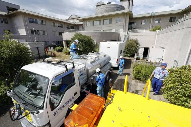 Aftermath of strong earthquake in Kumamoto Workers dispatched from the waterworks department of Saitama Prefecture in eastern Japan provide water to residents at a nursing home in Uto, Kumamoto Prefecture, on Aug. 7, 2026, after a powerful earthquake struck the southwestern Japan prefecture on July 28.  A14AA0005625329P