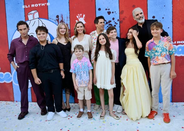 (L-R) Cast members Ari Millen, Ivano DiCaro, Sarah Abbott, Kole Parks, Karen Cliche, Eli Roth, Charlie Storey, Charlie Zeltzer, Kiori Mirza Waldman, Benjamin Byron Davis and Luke Dietz gather for a photo-op during the premiere of the motion picture dark comedy Ice Cream Man at the Vista Theater in Los Angeles on Thursday, August 6, 2026. Storyline: An idyllic summer town descends into madness when an ice cream man serves kids sweet delights with horrifying results.  LAP2026080644 JIMxRUYMEN
