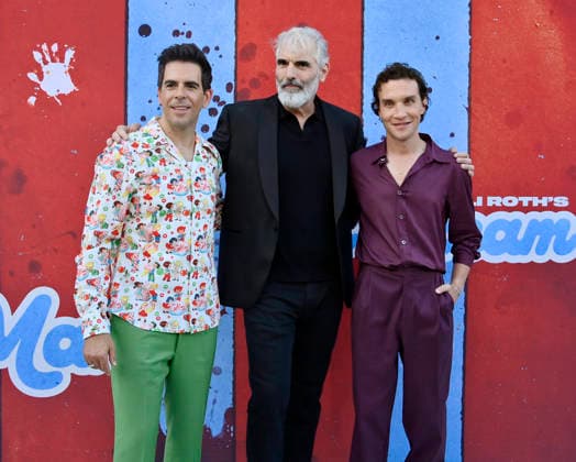 Cast member, director and producer Eli Roth (L) and cast members Benjamin Byron Davis (C) and Ari Millen attend the premiere of the motion picture dark comedy Ice Cream Man at the Vista Theater in Los Angeles on Thursday, August 6, 2026. Storyline: An idyllic summer town descends into madness when an ice cream man serves kids sweet delights with horrifying results.  LAP2026080615 JIMxRUYMEN