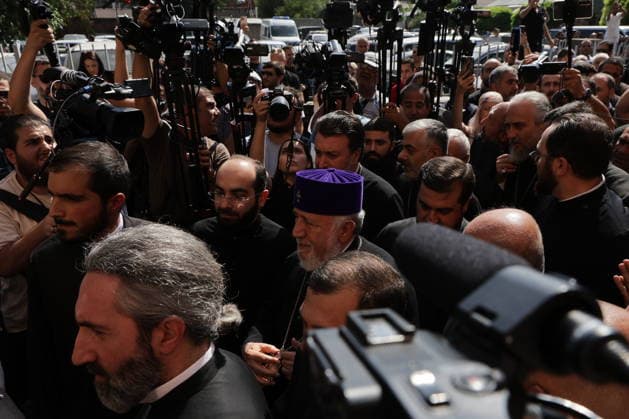 ARMENIA, YEREVAN - AUGUST 7, 2026: Catholicos Garegin II (C) of All Armenians is seen ahead of a court hearing over allegations of failing to comply with a civil court order. Alexander Patrin TASS  95875920