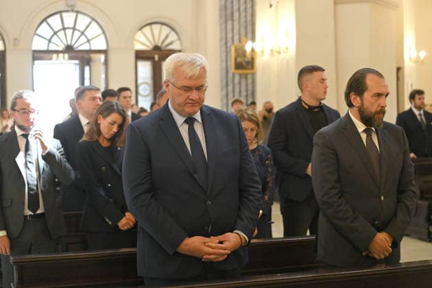 Acting Minister of Foreign Affairs of Ukraine Andrii Sybiha (L) and Charge d affaires of the Republic of Poland in Ukraine Piotr Lukasiewicz attend the farewell ceremony for Polish volunteer Marek Rusek-Wolski, who was killed near Kharkiv by a Russian drone attack, at the Cathedral of St Alexander in Kyiv, Ukraine, August 7, 2026. The tragedy occurred at the end of July (approximately 27 July) near Kharkiv, when the volunteer came under a targeted Russian drone strike while on a humanitarian mission. Marek Rusek-Wolski was an administrator of the Polish volunteer community Razem dla Ukrainy. Since early 2023, he had been regularly travelling to Ukraine. He used to organise fundraisers, purchase and deliver food, medicines, hygiene products  Copyright: xYevhenxKotenkox