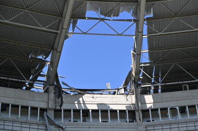 Russian attack on Chornomorets Stadium in Odessa ODESSA, UKRAINE - AUGUST 07: A general view of the damage to the roof, stands, and glazing of the Chornomorets Stadium in the city center following the Russian attacks in Odessa, Ukraine, on August 07, 2026. The attack severely damaged the sports infrastructure and stands of the venue, injuring at least one person, according to local authorities. Michael Shtekel Anadolu Odessa Ukraine. Editorial use only. Please get in touch for any other usage.  Copyright: x2026xAnadoluxMichaelxShtekelx