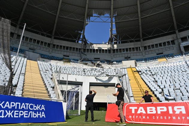 Russian attack on Chornomorets Stadium in Odessa ODESSA, UKRAINE - AUGUST 07: A general view of the damage to the roof, stands, and glazing of the Chornomorets Stadium in the city center following the Russian attacks in Odessa, Ukraine, on August 07, 2026. The attack severely damaged the sports infrastructure and stands of the venue, injuring at least one person, according to local authorities. Michael Shtekel Anadolu Odessa Ukraine. Editorial use only. Please get in touch for any other usage.  Copyright: x2026xAnadoluxMichaelxShtekelx