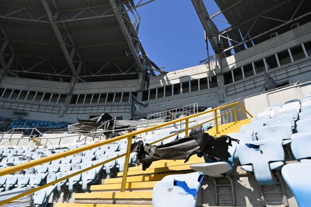 Russian attack on Chornomorets Stadium in Odessa ODESSA, UKRAINE - AUGUST 07: A general view of the damage to the roof, stands, and glazing of the Chornomorets Stadium in the city center following the Russian attacks in Odessa, Ukraine, on August 07, 2026. The attack severely damaged the sports infrastructure and stands of the venue, injuring at least one person, according to local authorities. Michael Shtekel Anadolu Odessa Ukraine. Editorial use only. Please get in touch for any other usage.  Copyright: x2026xAnadoluxMichaelxShtekelx