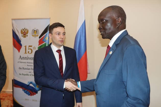 August 7, 2026, Juba, Ces Juba, South Sudan: Amb. Ajing Adiang Marik (L) , Director General of the Institute for Diplomatic Studies, greets Mr. Dmitrii Gusev, Third Secretary of the Russian Embassy in Juba, during an event marking 15 years of diplomatic relations between Russia and South Sudan. The event was organized by the Russian Embassy in Juba in collaboration with the Institute for Diplomatic Studies of the Ministry of Foreign Affairs and International Cooperation of South Sudan Juba South Sudan  - ZUMAb132 20260807_zip_b132_007 Copyright: xSamirxBolx