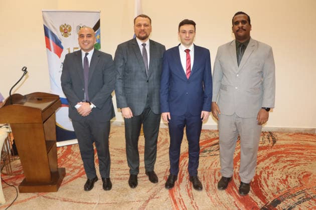 August 7, 2026, Juba, Ces Juba, South Sudan: From left , Bishoy Sadek, Political Officer at the Egyptian Embassy in Juba , Mr. Anatolii Balesnyi from the Russian Embassy in Juba , Mr. Dmitrii Gusev, Third Secretary of the Russian Embassy in Juba , and Yahya Mohammed Osman Hashim, Cultural Attachee of the Sudanese Embassy in Juba, attend an event marking 15 years of diplomatic relations between Russia and South Sudan. The event was organized by the Russian Embassy in Juba in collaboration with the Institute for Diplomatic Studies of the Ministry of Foreign Affairs and International Cooperation of South Sudan Juba South Sudan  - ZUMAb132 20260807_zip_b132_010 Copyright: xSamirxBolx