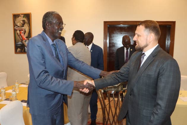 August 7, 2026, Juba, Ces Juba, South Sudan: Mr. Anatolii Balesnyi (R ) from the Russian Embassy in Juba greets a South Sudanese diplomat during an event marking 15 years of diplomatic relations between Russia and South Sudan. The event was organized by the Russian Embassy in Juba in collaboration with the Institute for Diplomatic Studies of the Ministry of Foreign Affairs and International Cooperation of South Sudan. Juba South Sudan  - ZUMAb132 20260807_zip_b132_012 Copyright: xSamirxBolx