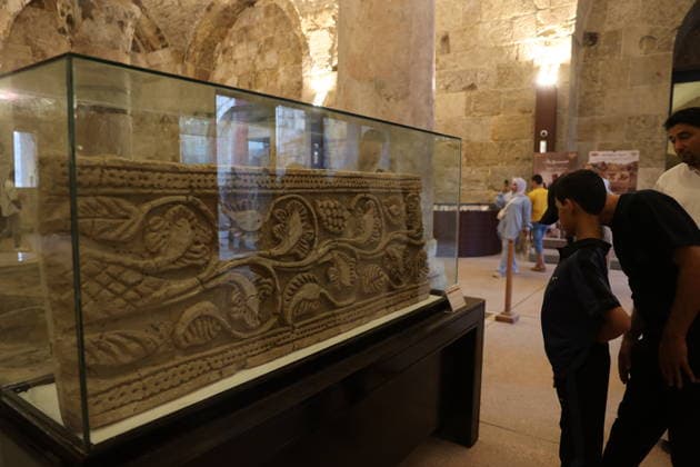 Syria exhibits antiquities returned from France at Damascus Citadel DAMASCUS, SYRIA - AUGUST 7: Artifacts returned by France are displayed at the Throne Hall inside the Citadel of Damascus during a summer festival in Damascus, Syria on August 7, 2026. The historical items belonging to Syria, which were smuggled out of the country approximately 15 years ago, were returned to Syria simultaneously with French President Emmanuel Macron s visit to Damascus. The exhibition featured funerary statues from Palmyra, relief inscriptions, and various artifacts dating back to the Roman period. Izz Aldien Alqasem Anadolu Damascus Syria. Editorial use only. Please get in touch for any other usage.  Copyright: x2026xAnadoluxIzzxAldienxAlqasemx