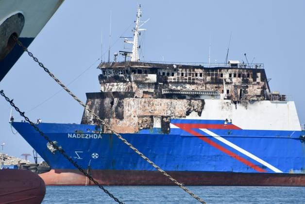 Ro-Ro vessel NADEZHDA attacked in Black Sea brought to Samsun SAMSUN, TURKIYE - AUGUST 08: The Ro-Ro vessel NADEZHDA, which was attacked by a drone in the Black Sea, is brought to Samsun, Turkiye on August 08, 2026. The vessel was seen moored at the port with extensive damage to its deck. Recep Bilek Anadolu Samsun Turkey. Editorial use only. Please get in touch for any other usage.  Copyright: x2026xAnadoluxRecepxBilekx