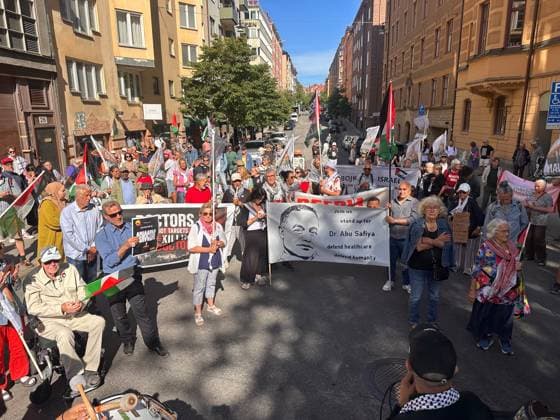 Protesters gather in Stockholm to condemn Israeli military strikes in Gaza and Lebanon STOCKHOLM, SWEDEN - AUGUST 08: Demonstrators hold banners and Palestinian flags during a protest at Odenplan Square in Stockholm, Sweden, on August 08, 2026, condemning Israeli military operations in Gaza and Lebanon. Organized by several civil society groups, protesters rallied against air strikes on civilian infrastructure, schools, and hospitals, calling for an immediate end to the violence and an end to food shortages in the region. Atila Altuntas Anadolu Stockholms Sweden. Editorial use only. Please get in touch for any other usage.  Copyright: x2026xAnadoluxAtilaxAltuntasx