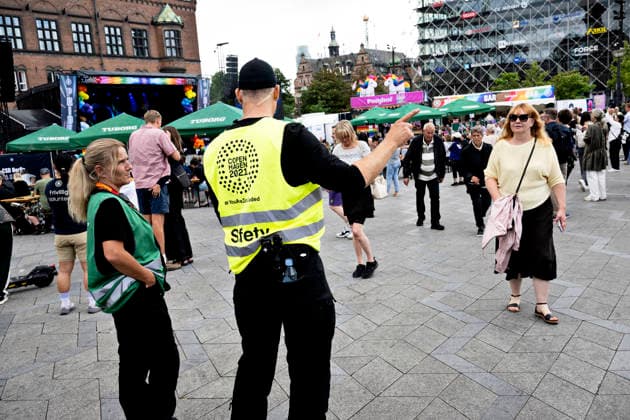 Copenhagen Pride 2026 Security personel at the opening of Pride Square during Copenhagen Pride Week 2026 at City Hall Square in Copenhagen on Saturday, August 8, 2026. Police says they will be visible at the pride week after the attack in Berlin. (Photo: Nils Meilvang Scanpix 2026) , Copenhagen Denmark *** Copenhagen Pride 2026 Security personnel at the opening of Pride Square during Copenhagen Pride Week 2026 at City Hall Square in Copenhagen on Saturday, August 8, 2026. Police say they will maintain a visible presence during Pride Week following the attack in Berlin. Photo: Nils Meilvang, Scanpix 2026, Copenhagen, Denmark  Copyright: NILSxMEILVANG NilsxMeilvangx spdk20260808-163218-L