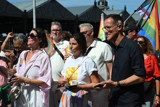 Antwerp Pride Parade ANTWERPEN, BELGIUM - AUGUST 08: Kathleen Van Bremt, Elderman Lien Van de Kelder and Rob Beenders (Vooruit) Minister of Consumer Affairs, Social Fraud and Equal Opportunities are pictuered during the parade. Pride is a form of protest, and at the heart of Antwerp Pride activities is the Antwerp Pride Parade..The parade walks through the streets of Antwerp,mainly along the quays on August 08, 2026 in Antwerpen, Belgium, 08 08 2026 Antwerpen Belgium  Copyright: xBertxVanxDenxBrouckex