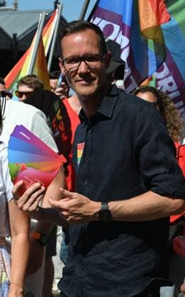 Antwerp Pride Parade ANTWERPEN, BELGIUM - AUGUST 08: Rob Beenders (Vooruit) Minister of Consumer Affairs, Social Fraud and Equal Opportunities is pictuered during the parade. Pride is a form of protest, and at the heart of Antwerp Pride activities is the Antwerp Pride Parade..The parade walks through the streets of Antwerp,mainly along the quays on August 08, 2026 in Antwerpen, Belgium, 08 08 2026 Antwerpen Belgium  Copyright: xBertxVanxDenxBrouckex