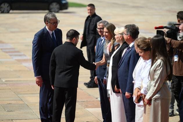 Zelensky meets Serbian president during first official visit to Belgrade Ukrainian President Volodymyr Zelensky meets Serbian President Aleksandar Vucic and other officials during an official visit to Belgrade, Serbia, on August 8, 2026. The visit, Zelensky s first to Serbia, comes as the two countries seek to strengthen bilateral relations and discuss security, economic cooperation, and relations with the European Union. Photo by PRESIDENT OF UKRAINE apaimages Ukraine Ukraine Ukraine 080826_Serbia_UPO_00(13).jpeg Copyright: xapaimagesxPRESIDENTxOFxUKRAINEx xapaimagesx