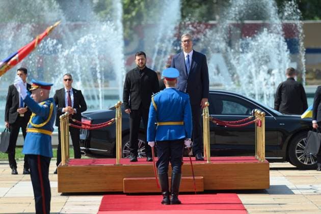 Zelensky meets Serbian president during first official visit to Belgrade Ukrainian President Volodymyr Zelensky meets Serbian President Aleksandar Vucic and other officials during an official visit to Belgrade, Serbia, on August 8, 2026. The visit, Zelensky s first to Serbia, comes as the two countries seek to strengthen bilateral relations and discuss security, economic cooperation, and relations with the European Union. Photo by PRESIDENT OF UKRAINE apaimages Ukraine Ukraine Ukraine 080826_Serbia_UPO_00(18).jpeg Copyright: xapaimagesxPRESIDENTxOFxUKRAINEx xapaimagesx