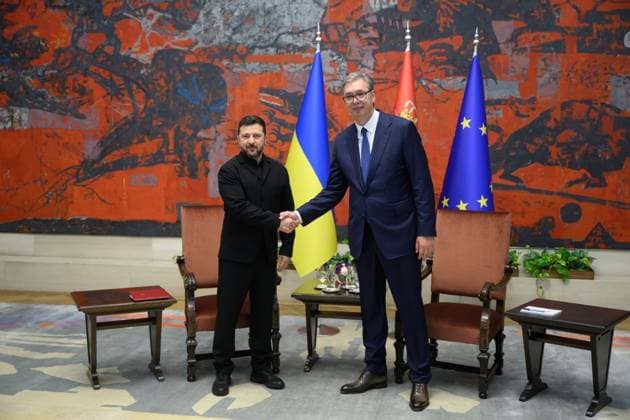 Zelensky meets Serbian president during first official visit to Belgrade Ukrainian President Volodymyr Zelensky meets Serbian President Aleksandar Vucic and other officials during an official visit to Belgrade, Serbia, on August 8, 2026. The visit, Zelensky s first to Serbia, comes as the two countries seek to strengthen bilateral relations and discuss security, economic cooperation, and relations with the European Union. Photo by PRESIDENT OF UKRAINE apaimages Ukraine Ukraine Ukraine 080826_Serbia_UPO_00(23).jpeg Copyright: xapaimagesxPRESIDENTxOFxUKRAINEx xapaimagesx