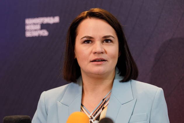 New Belarus Conference in Warsaw - 08 Aug 2026 Belarusian democratic leader Sviatlana Tsikhanouskaya speaks to journalists during a media briefing at the New Belarus Conference. The New Belarus Conference was held in Warsaw bringing together representatives of Belarusian democratic forces, activists, former political prisoners, civil society representatives and international partners. The conference was held ahead of the sixth anniversary of the August 2020 presidential election in Belarus and focused on political and social changes in recent years, support networks for Belarusians and Belarus, the regional outlook and the role of Belarusian democratic forces in these processes. Warsaw Poland Copyright: xVolhaxShukailax xSOPAxImagesx VSHUKAILA_3766
