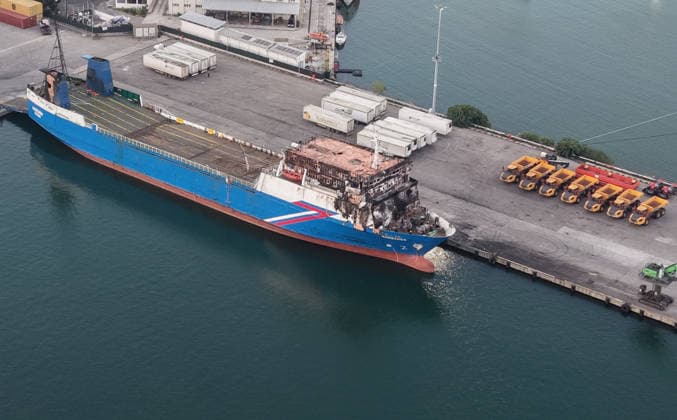 (260808) -- SAMSUN, Aug. 8, 2026 -- The cargo vessel Nadezhda which was attacked by drones, is docked at the port of Samsun, T¨¹rkiye, Aug. 8, 2026. A Turkish cargo vessel was attacked by drones about 30 nautical miles off Russia s Black Sea port of Novorossiysk, injuring four crew members, three of them Turkish nationals, T¨¹rkiye s Ihlas News Agency reported Monday. ( Handout via Xinhua) T?RKIYE-SAMSUN-CARGO VESSEL-BLACK SEA ATTACK-PORT MustafaxKaya 
