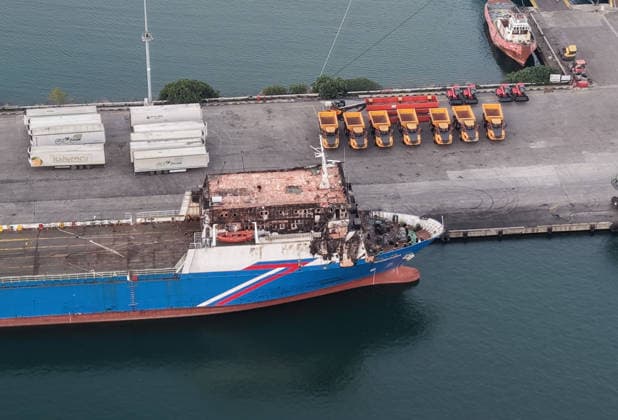 (260808) -- SAMSUN, Aug. 8, 2026 -- The cargo vessel Nadezhda which was attacked by drones, is docked at the port of Samsun, T¨¹rkiye, Aug. 8, 2026. A Turkish cargo vessel was attacked by drones about 30 nautical miles off Russia s Black Sea port of Novorossiysk, injuring four crew members, three of them Turkish nationals, T¨¹rkiye s Ihlas News Agency reported Monday. ( Handout via Xinhua) T?RKIYE-SAMSUN-CARGO VESSEL-BLACK SEA ATTACK-PORT MustafaxKaya 