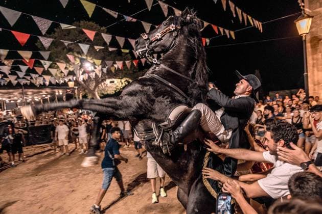August 8, 2026, Llucmacanes, Menorca Balearic Islands, Spain: A caixer, or horse rider, rears his horse amid a cheering crowd during the traditional Jaleo at the Sant Gaieta Festival in Llucmacanes Llucmacanes Spain - ZUMAo105 20260808_fap_o105_004 Copyright: xMatthiasxOesterlex