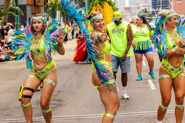 August 8, 2026, Edmonton, Alberta, Canada: Mas Bands danced through downtown Edmonton during the Cariwest Parade on day 2 of the Cariwest Festival..Western Canada s largest Caribbean Festival, Cariwest, held its annual parade as part of its 42nd year of festivities. The Parade Mas Bands represent the various Caribbean various Islands and are dressed in brightly colored costumes, some of which can weigh up to 200 lbs, requiring wheels to support the weight. Edmonton Canada - ZUMAs197 20260808_aaa_s197_229 Copyright: xRonxPalmerx