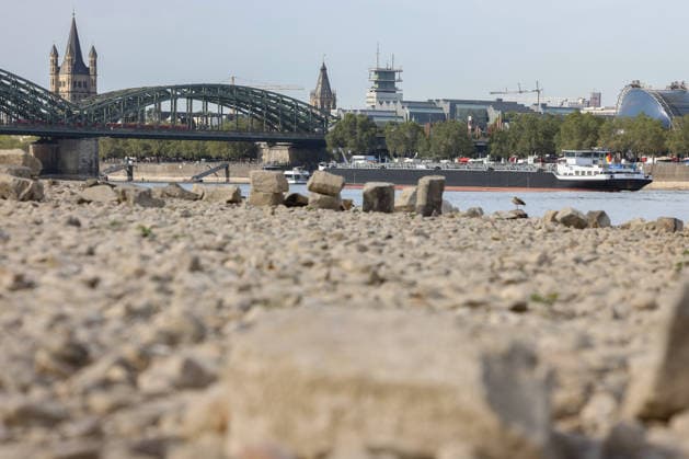 Sommer im Rheinland. Blick auf den Rhein bei Koeln (Köln) - Deutz. Der Rhein in Koeln (Köln) fuehrt (führt) Niedrigwasser aufgrund anhaltender Trockenheit. Im Hintergrund die Hohenzollernbruecke (Hohenzollernbrücke). Ein Schiff ist unterwegs. Sommer im Rheinland am 09.08.2026 in Koeln (Köln) Deutschland. *** Summer in the Rhineland: View of the Rhine near Cologne, Deutz. The Rhine in Cologne is at low water levels due to persistent drought. In the background is the Hohenzollern Bridge. A ship is passing by. Summer in the Rhineland on August 9, 2026, in Cologne, Germany